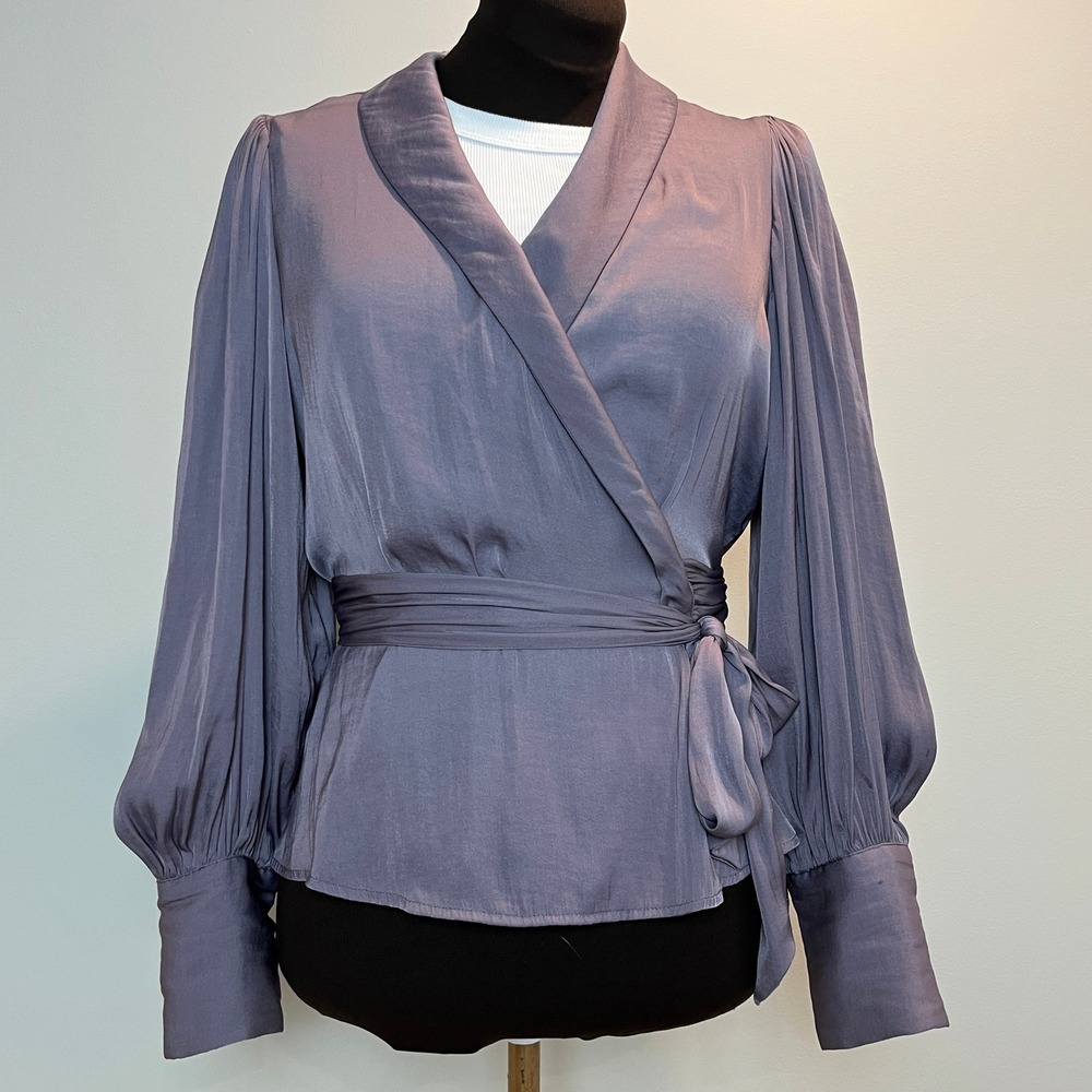 Banana Republic Womens Purple Satin Wrap Blouse Shawl Collar Bishop Sleeve S